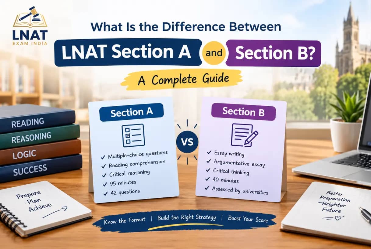 Infographic showing the difference between LNAT Section A multiple choice and Section B essay
