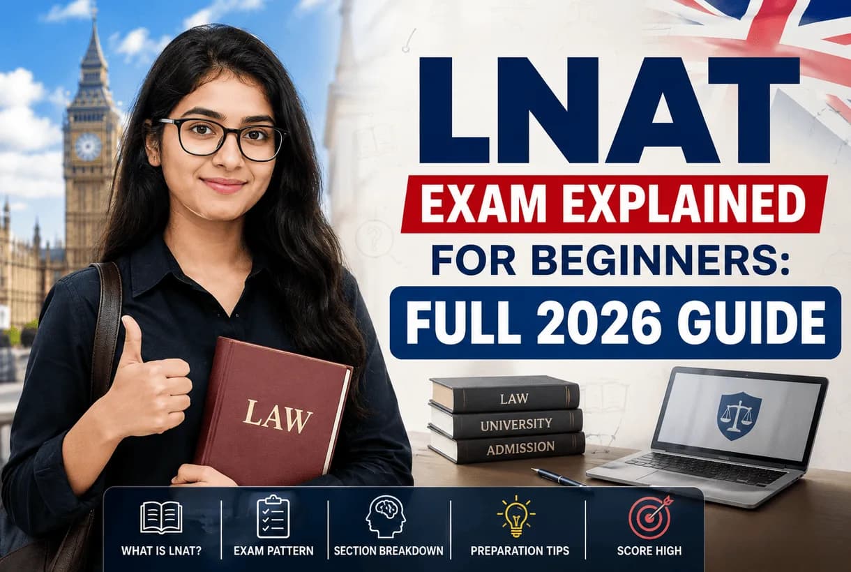 LNAT exam explained for beginners showing test sections, eligibility, and preparation steps for UK law admission